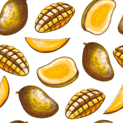 Tropical fruit seamless pattern. Ripe mango sketch. Hand-drawn vector illustration. Exotic plant background, texture, textile design. NOT AI generated